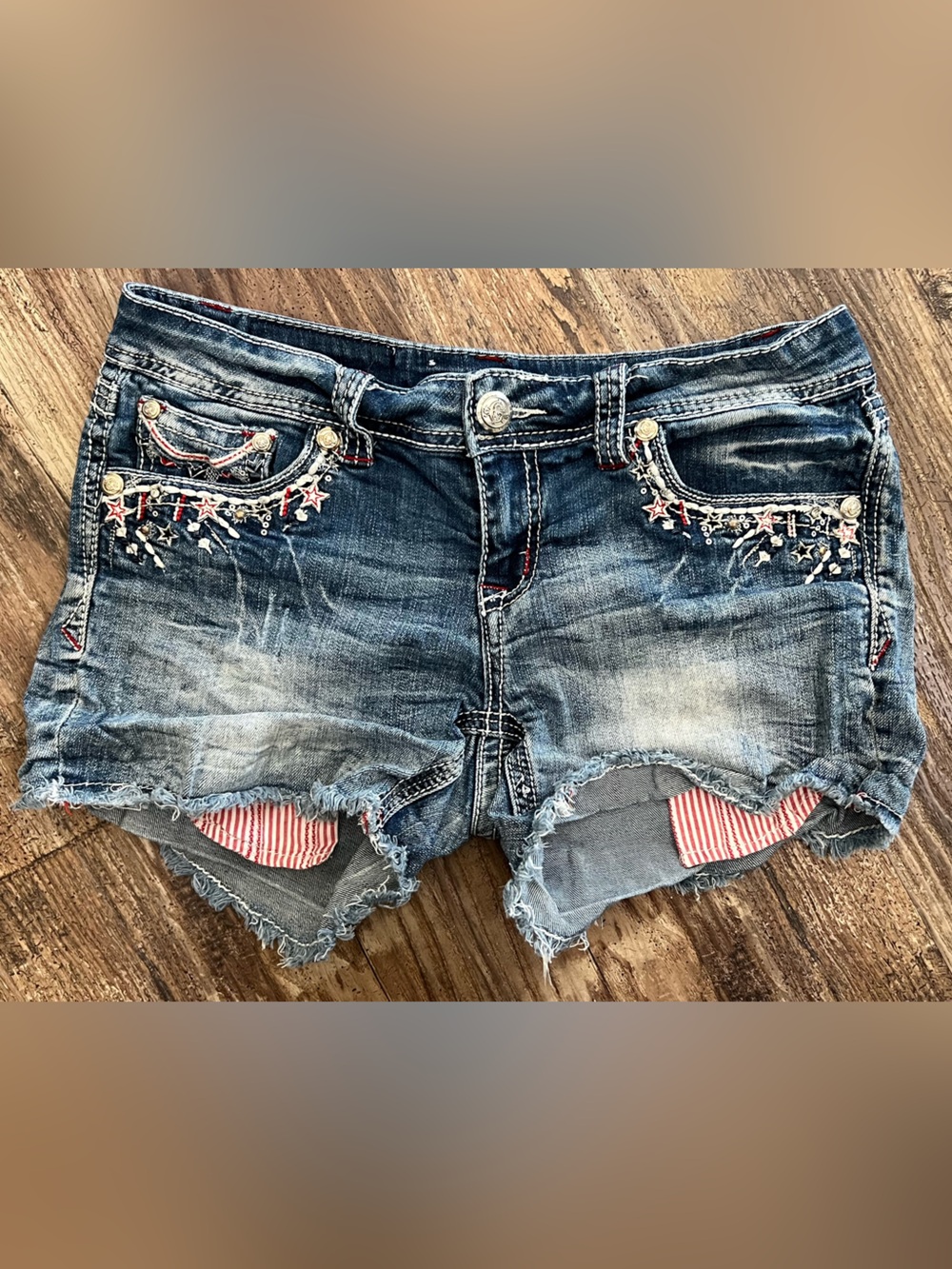 Grace Denim Waistband Detail with Red Embroidery